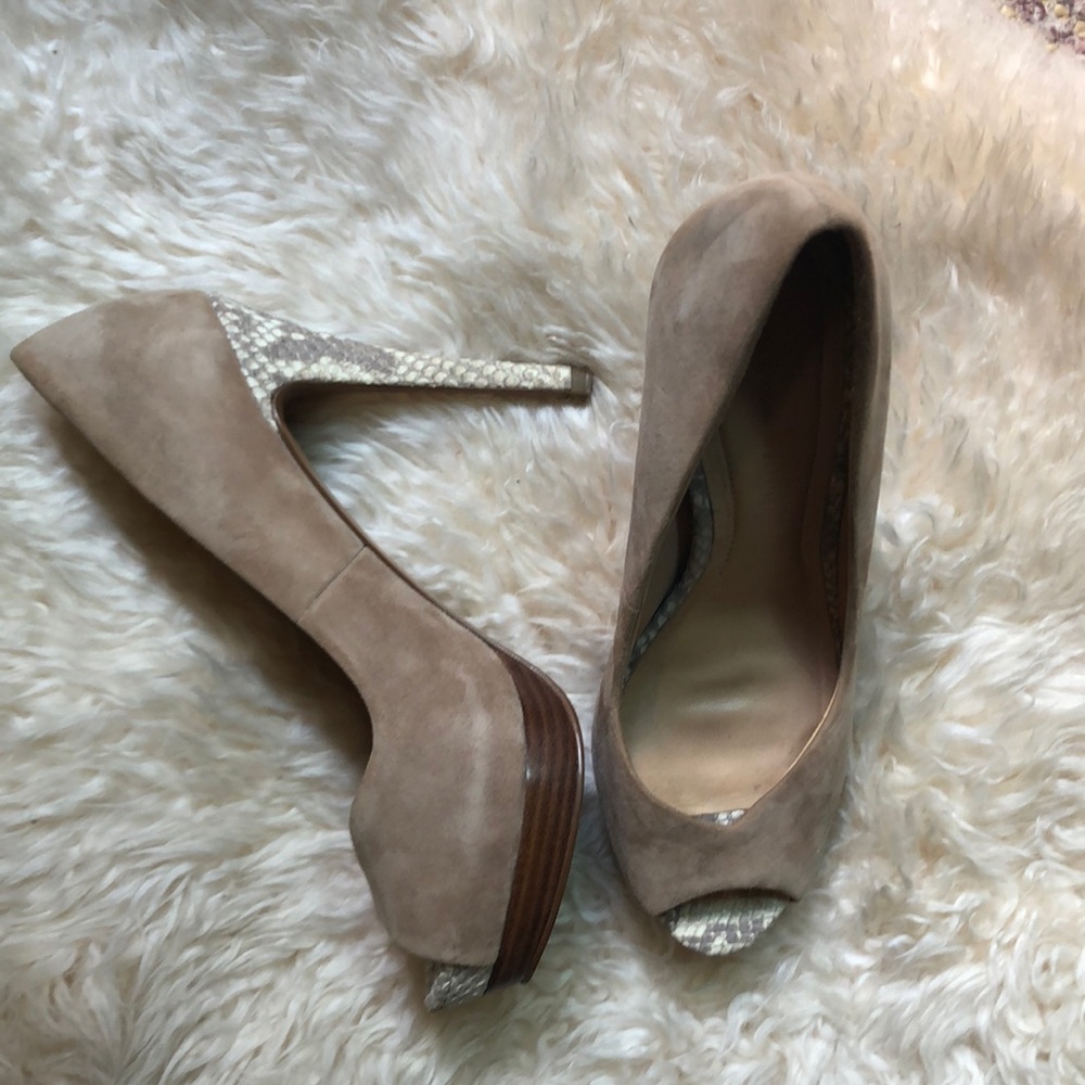 Zara faux snakeskin, suede heel with faux wood platform, 40